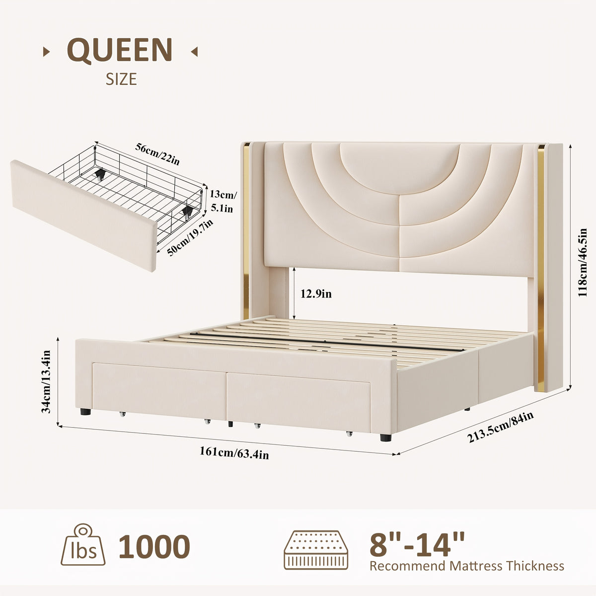 FULTRU Full/Queen/King Upholstered LED Bed Frame with 2 Storage Drawers, Velvet Platform Bed with Wingback Headboard, Solid Wooden Slats Support, No Box Spring Needed, Headboard Splicing Design, Halloween Home Decoration, Christmas Gifts