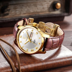 ROCOS Brand Luxury Golden Men's Watches High-end Business Simple Fashion Men's Watches Automatic Mechanical Watches Sun Pattern Brushed Dial Calfskin Strap Waterproof Men's Watches Week Calendar Display Gifts for Men