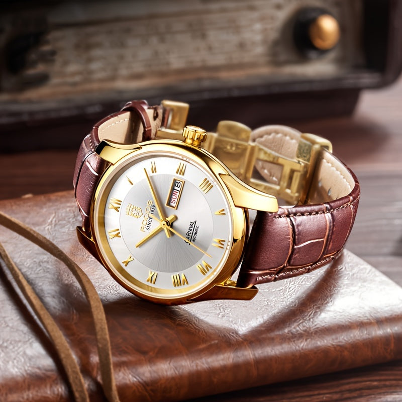 ROCOS Brand Luxury Golden Men's Watches High-end Business Simple Fashion Men's Watches Automatic Mechanical Watches Sun Pattern Brushed Dial Calfskin Strap Waterproof Men's Watches Week Calendar Display Gifts for Men