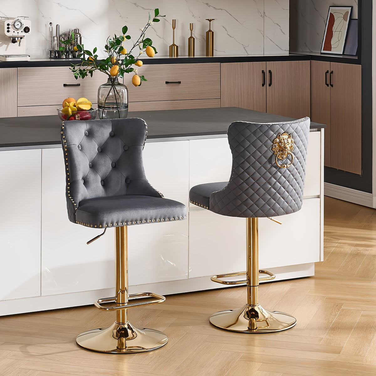 DMKAI Golden Lion Head Velvet Bar Stools Set Of 2, Luxury Diamond Tufted High Back, Adjustable Height 360° Swivel with Golden Base for Kitchen Island Home Bar