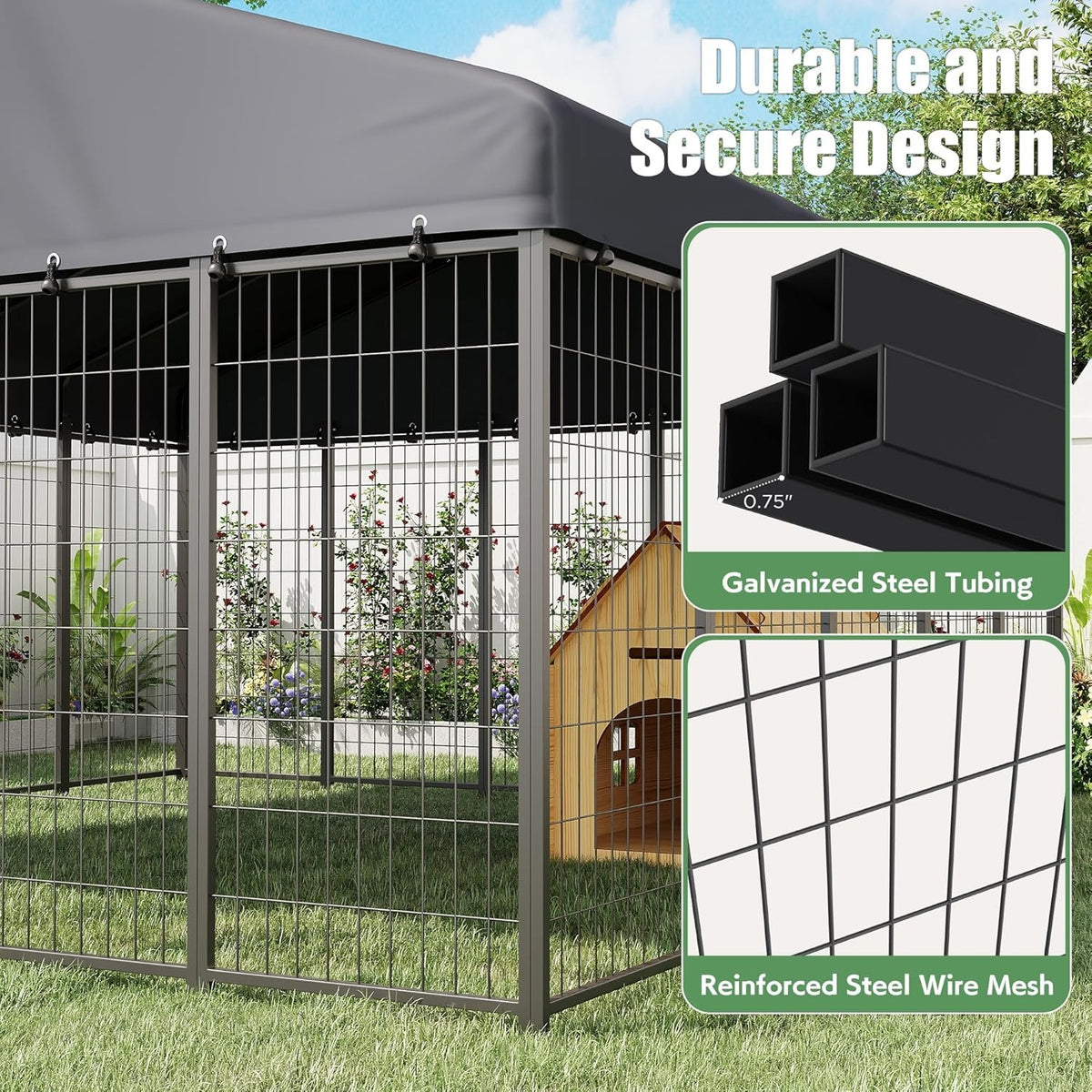 Heavy Duty Outdoor Dog Kennel for Yard, 10x10 Large Chain Link Fence with Roof, Dog Run Enclosure with Self-Locking Latch & Feeding Bowl