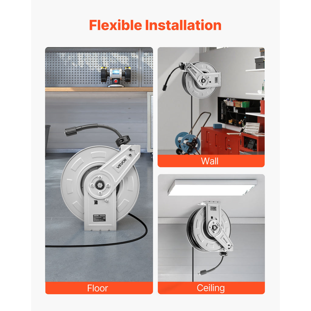 VEVOR Pressure Washer Hose Reel 65ft x 1/4in Retractable 3200PSI Auto-Rewinding