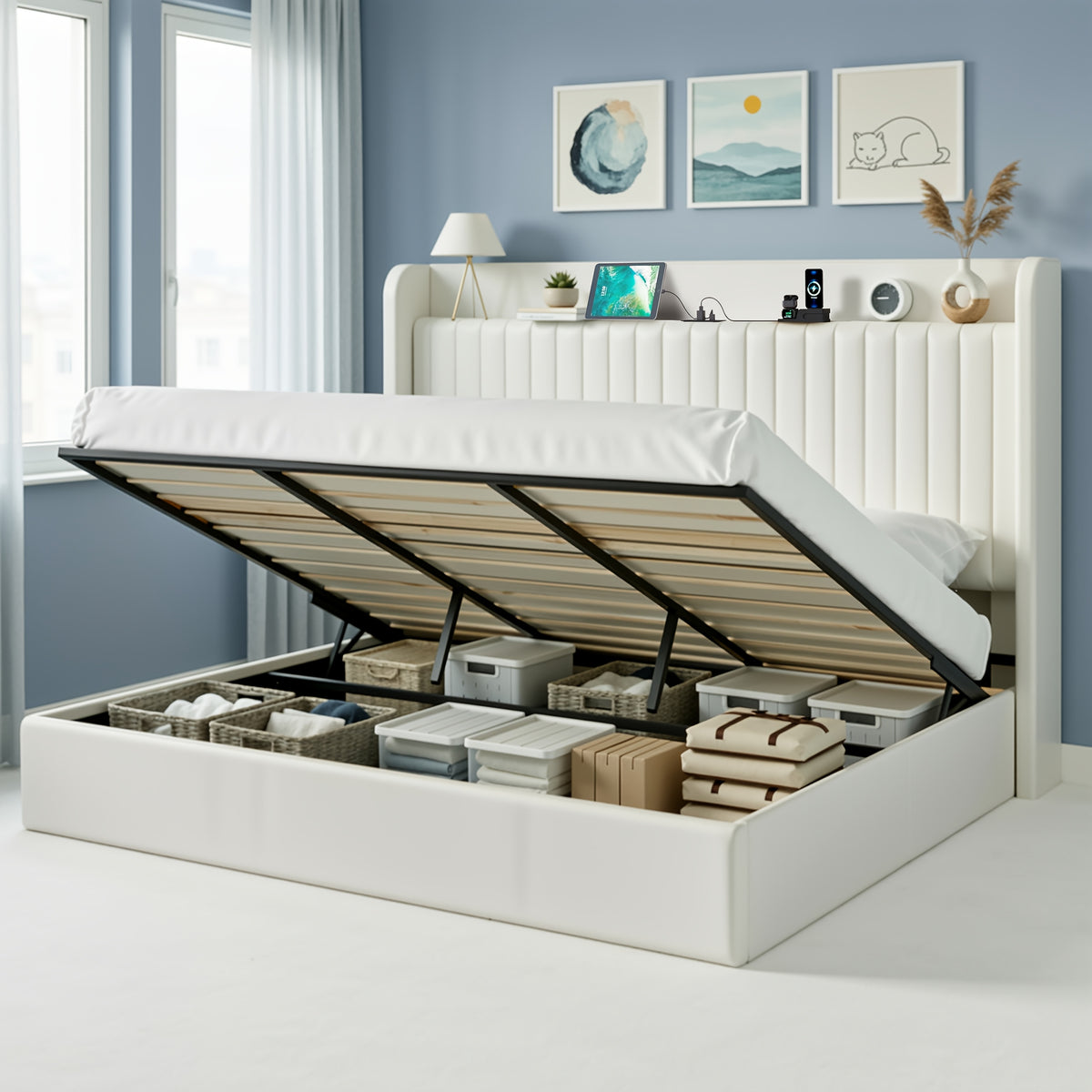 WEEWAY Lift Up Storage Bed Frame, Velvet Vertical Channel Headboard, Charging Station, Hydraulic Support, Noise-Free Wooden Slats, No Box Spring Needed, Bedroom Furniture, Masterroom, Guestroom, White, Black, Cream, Grey, Free Shipping