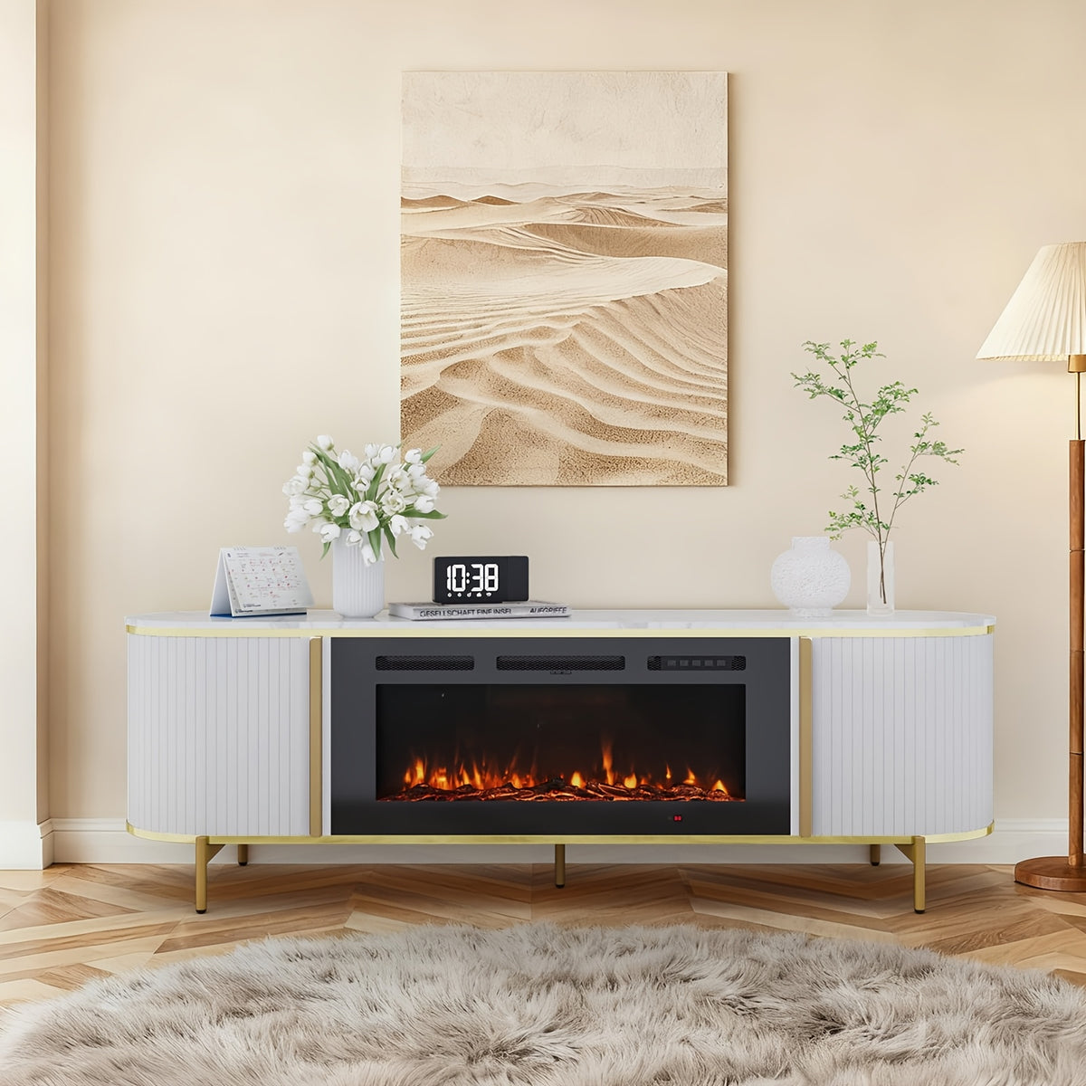 Luxury 70" Fluted Fireplace TV Stand, Modern Chic Entertainment Center for TVs Up to 80 Inches, TV Console with Faux Marble Top, Curved Profile Design, Media Console for Living Room
