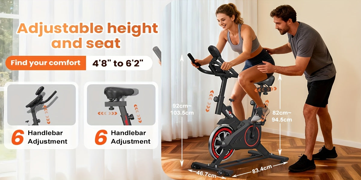RELIFE Exercise Bike, Magnetic Indoor Cycling Bike, Ultra-Quiet Resistance, Tablet Mount & Ergonomic Seat Cushion, Home Gym Stationary Cycle for Cardio for All User, Indoor Bike/Brake Pad Stationary Bike, for Family, with Comfortable Saddle