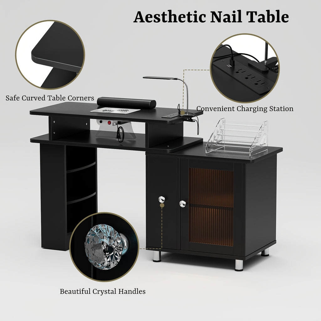 Paddie Manicure Table Nail Desk, Glass Cabinet Door Nail Table Station W/Dust Collector, Removable Acrylic Container, Cabinet And Drawer