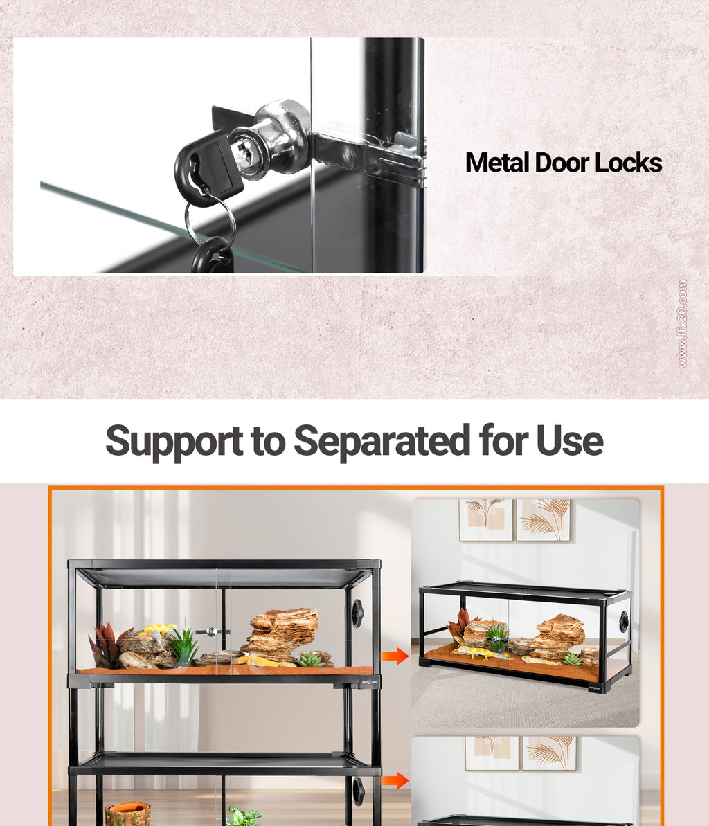 REPTI ZOO Double Stacked Reptile Tank, 30" X 12" X 12" Tall Reptile Terrarium, Front Opening, Full Vision, Knock Down, 2 Pack 20 Gallon Glass Cage for Reptile, Bearded Dragon, Lizard, Gecko