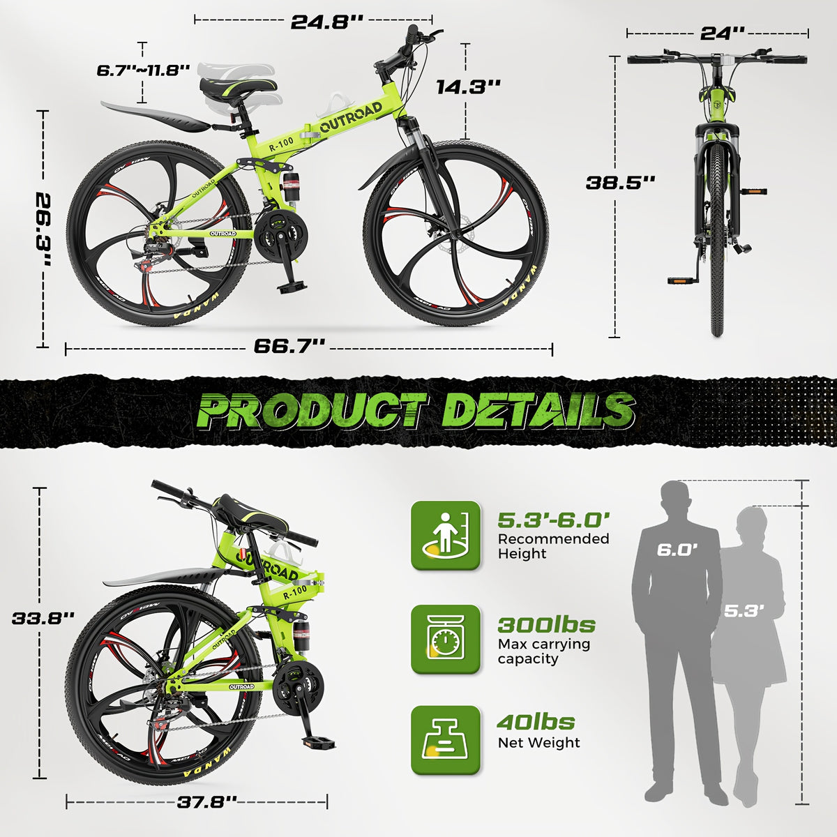 26-Inch Folding Mountain Bike for Adults and Teens — 21-Speed Full-Suspension Design with Dual Disc Brakes