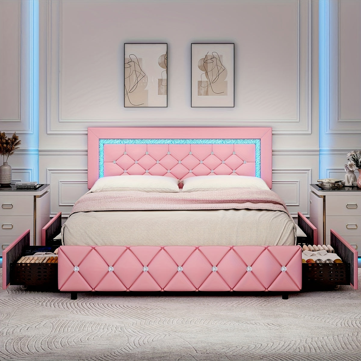 Twin Full Queen Size Bed Frame With LED Lights And Storage Drawer With Scroll Wheels, Upholstered Platform Bed With Crystal Tufted Headboard, Maximum Weight Recommendation 800 Pounds, Black/White/Pink/Yellow