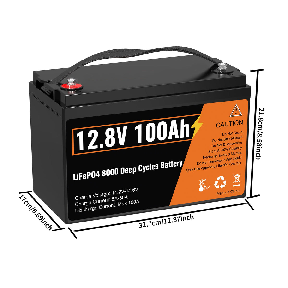 12.8V 100Ah LiFePO4 Lithium Deep Cycle Battery, Built-in 100A BMS,Grade A Battery Cell, 10-Year Lifespan, for wheelchairs, emergency lighting, RV/outdoor camping, marine, golf carts, trolling motor, home energy storage, computer power backup, off-grid app