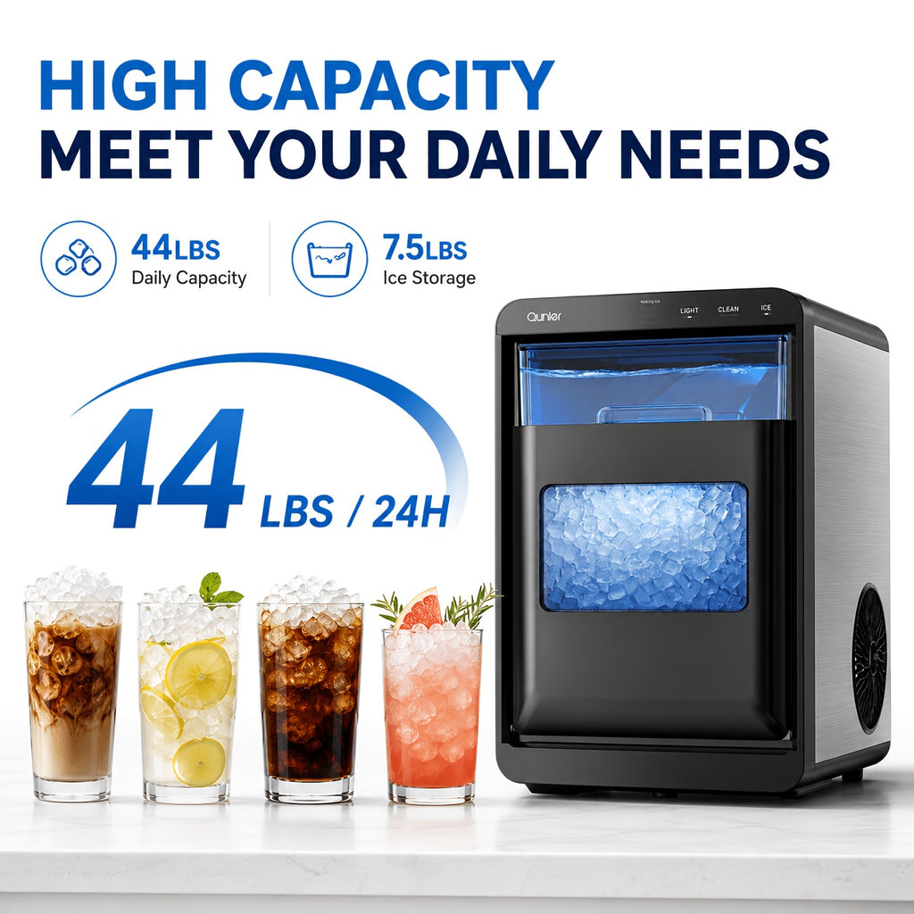 Nugget Ice Maker Countertop, 44 Lbs/Day, Soft Chewable Pebble Ice Machine with Stainless Steel Ice Scoop, for Home, Kitchen, Office, RV & Camping, Stainless Steel, Black