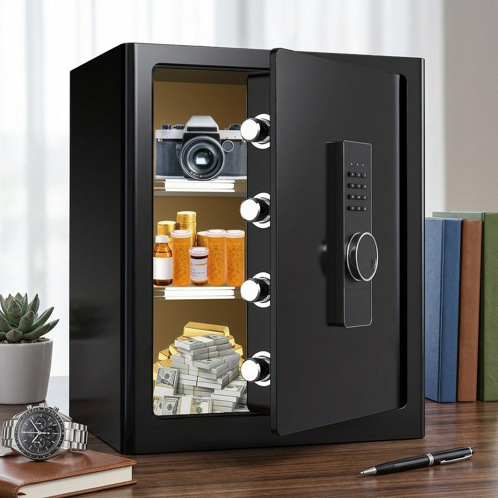 [Security Safe Box] FABAO for Home Safe Box, 2.0 Cuft Security Safe with Digital Keypad, Personal Document Safe with LED Light And Shelf, Drawer for Home Dorm Office Hotel Business