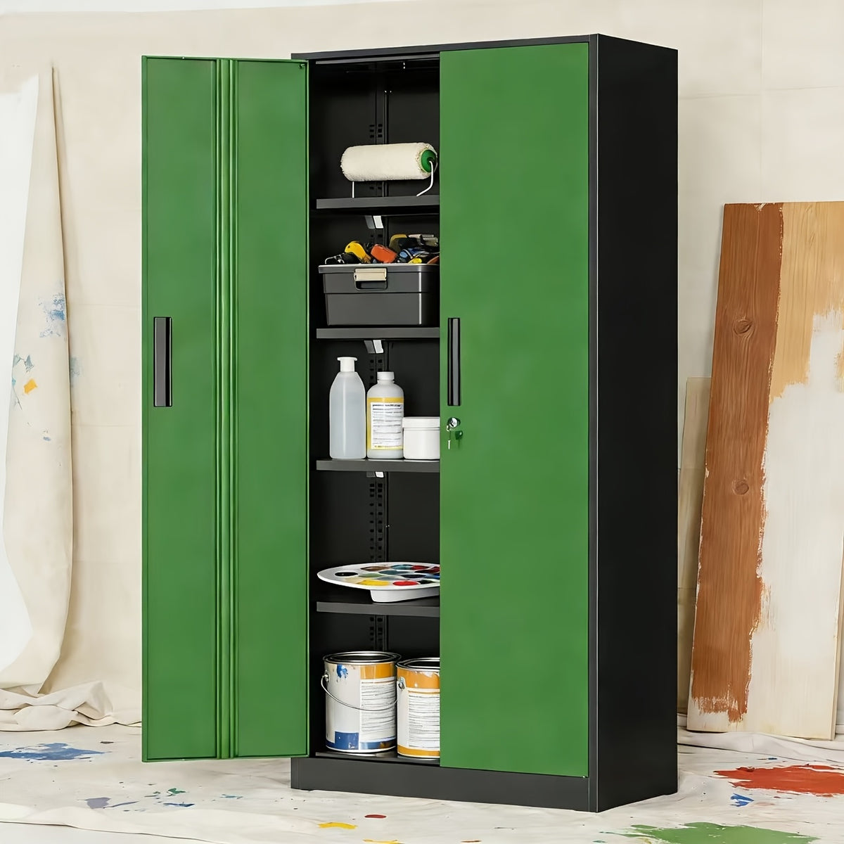 Lockable Metal Storage Cabinet |72-Inch Black for Garage Storage Cabinet with 2 Doors And 4 Shelves, Suitable for Garages, Basements, And Repair Shops