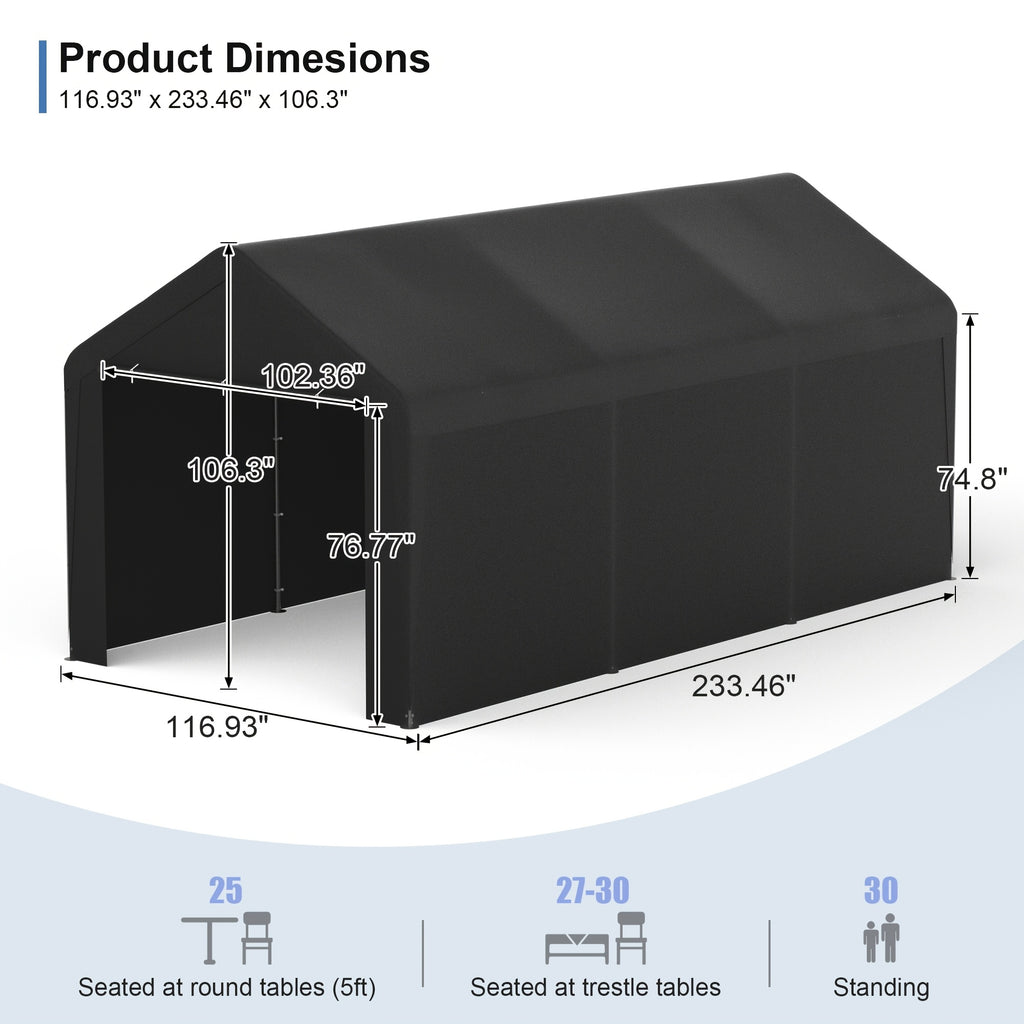 Carport 10X20 Ft Canopy Steel Canopy Storage Shed, Portable Garage Party Tent, Portable Garage with Removable Sidewalls And Doors All-Season Tarp for Carport, Parties, Weddings