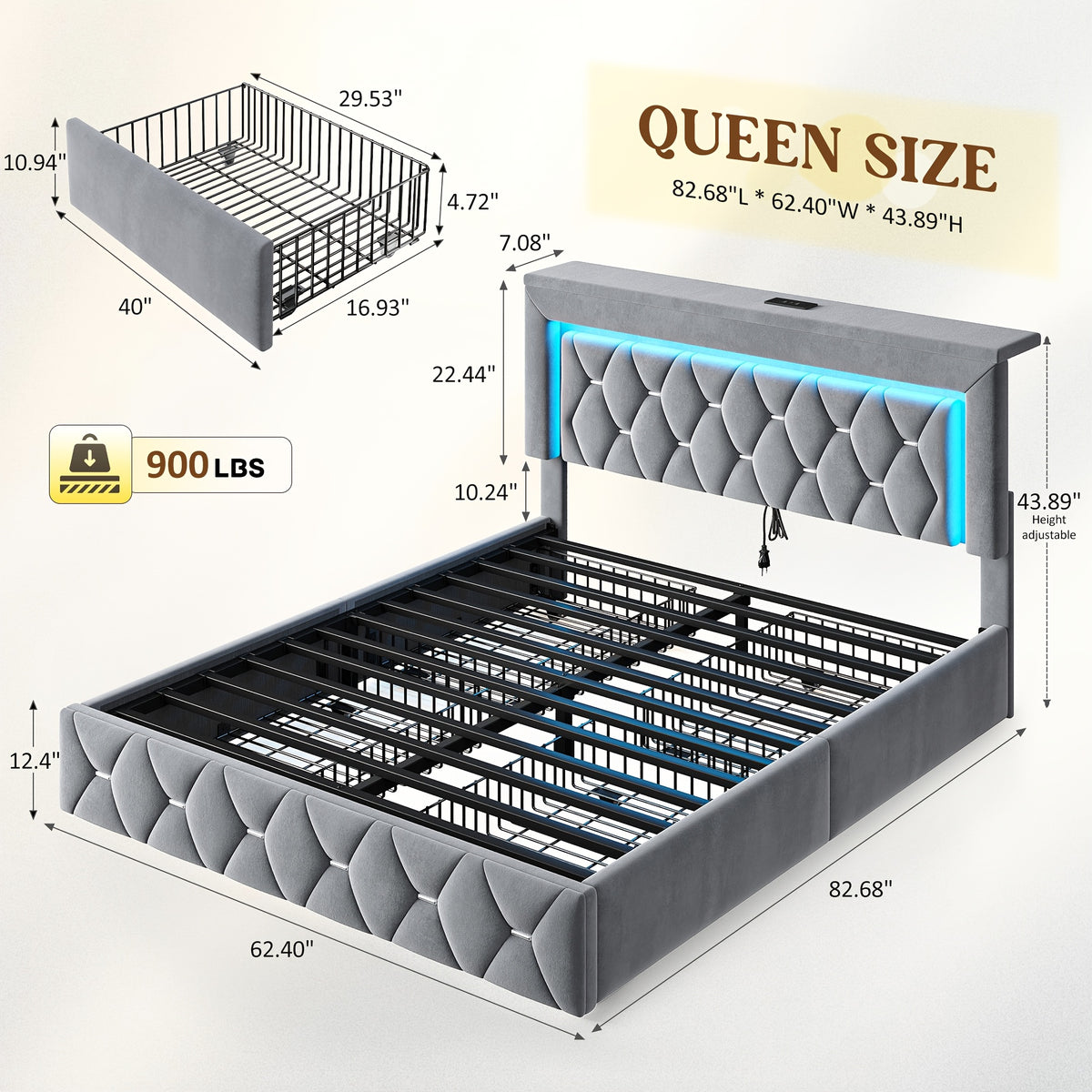 Queen/Full Size Bed Frame With 4 Storage Drawers & Headboard Adjustable, Velvet Platform Bed With LED Lights, Charging Station, Sturdy Wooden Slats Support, No Box Spring Needed, Beige, Grey