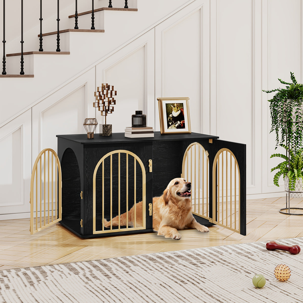 39.4'' Dog Crate Furniture - Dog Kennel Indoor Arched Door Design, Wooden Dog Crate Furniture For Small/Medium/Large Dog, Side Table, TV Stand, Anti-Chew, Anti-Escape - Rustic Brown, Black Gold, Greige Black, White Brown - For Dog Owners - Provides Safe &