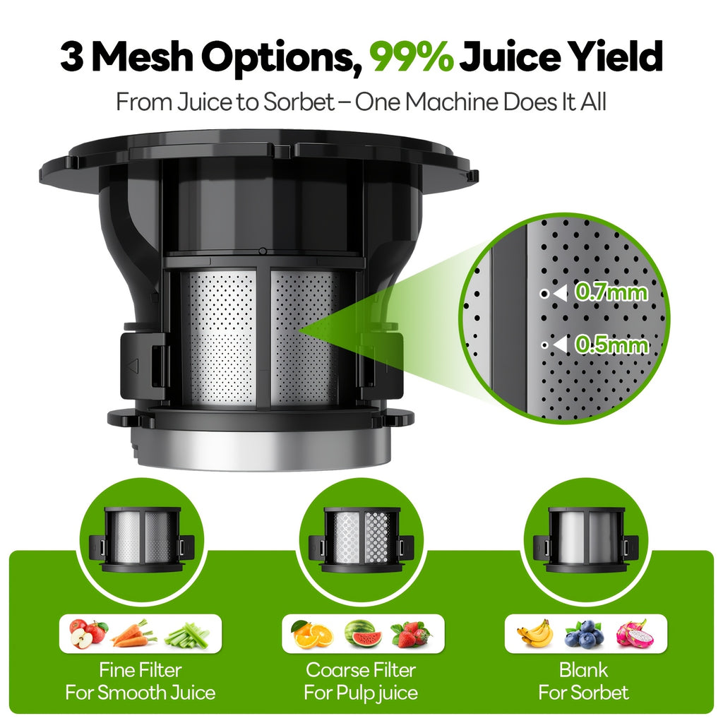 6" Wide Mouth Slow Juicer, 3-in-1 with 3 Interchangeable Filters, for Juice/Sorbet/Nut Milk, Hands-Free & Easy Clean, 3-in-1 with 3 Interchangeable Filters
