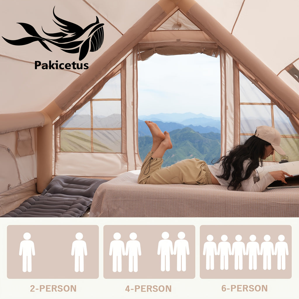PAKICETUS Large Inflatable Camping Tent (Optional: Skylight, Stove Jack, and Door), Quick Air-Flow & Breathable Mesh Design, Summer Glamping Hot Tents for Camping with Stove, Quick Setup Inflatable Camping Tent for 4-6 Person Families, All-season