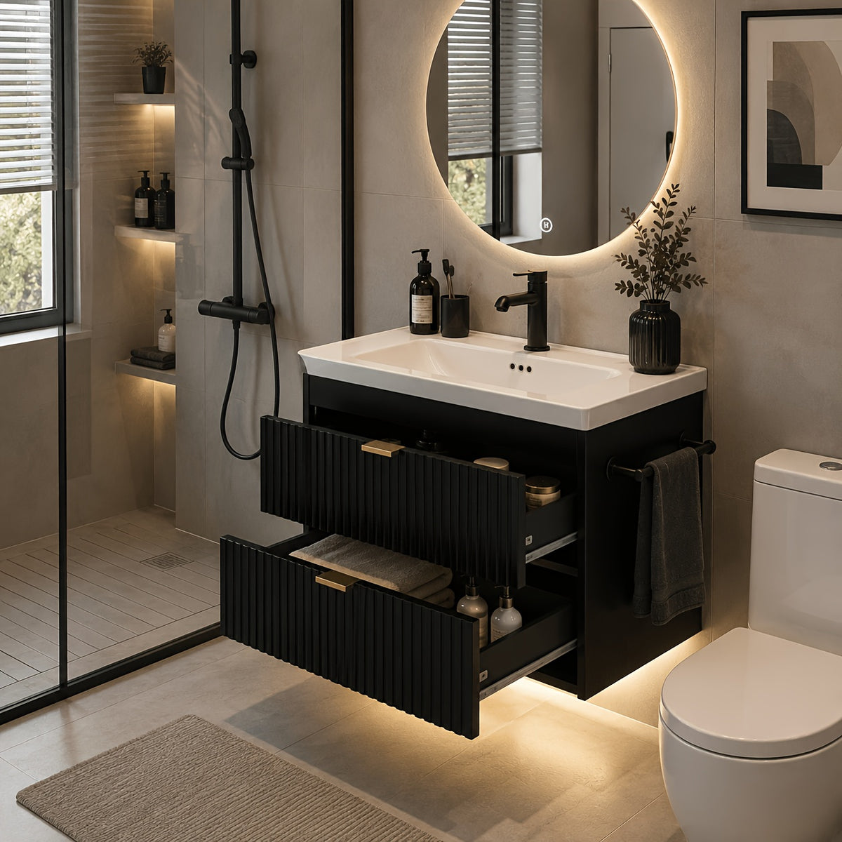 24" Wall Mount Floating Bathroom Vanity with LED Lighting, 3-Hole Ceramic Sink Included, Wave Fluted Textured Cabinet Door, 2 Soft Close Drawers, Modern Suspended Bathroom Vanity Cabinet for Small Bathrooms, Black & White Optional
