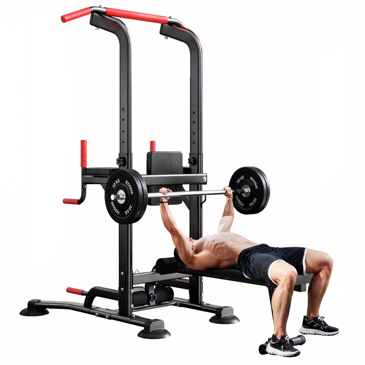 Pull Up Bar Dip Station, Power Tower with Folding Dumbbell Bench & Backrest, Adjustable Height Pull Up Bar Stand, Multi-Function Home Gym Strength Training Fitness Equipment 330LBS