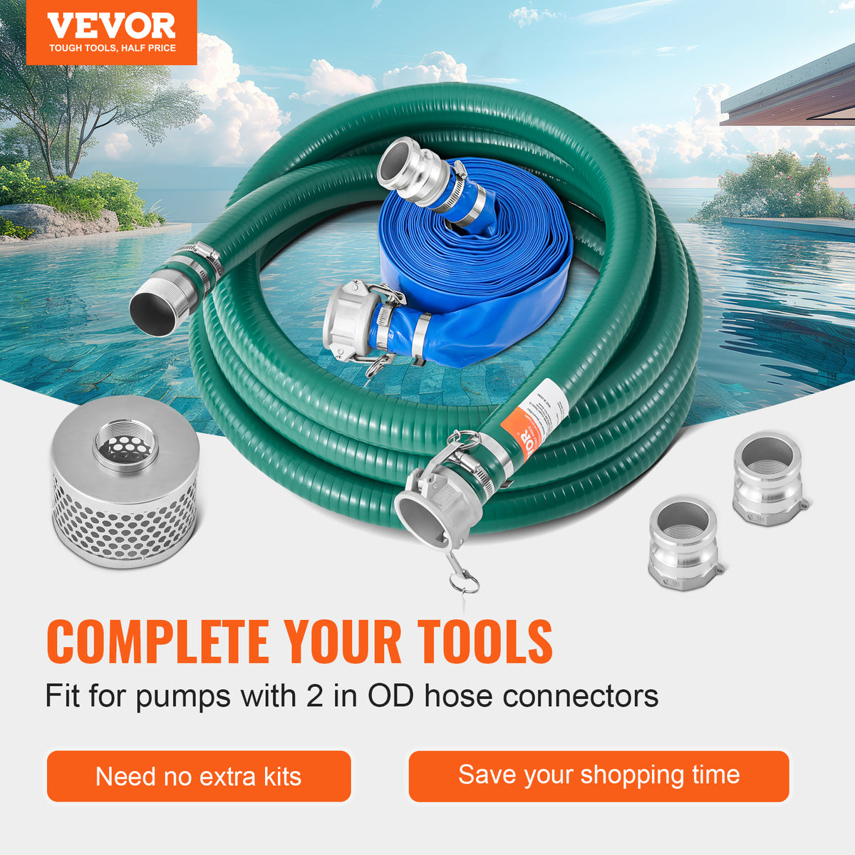 VEVOR Suction Hose Kit for Water Pump 2 in x 20 ft Green/ 50/65 ft Blue Hoses