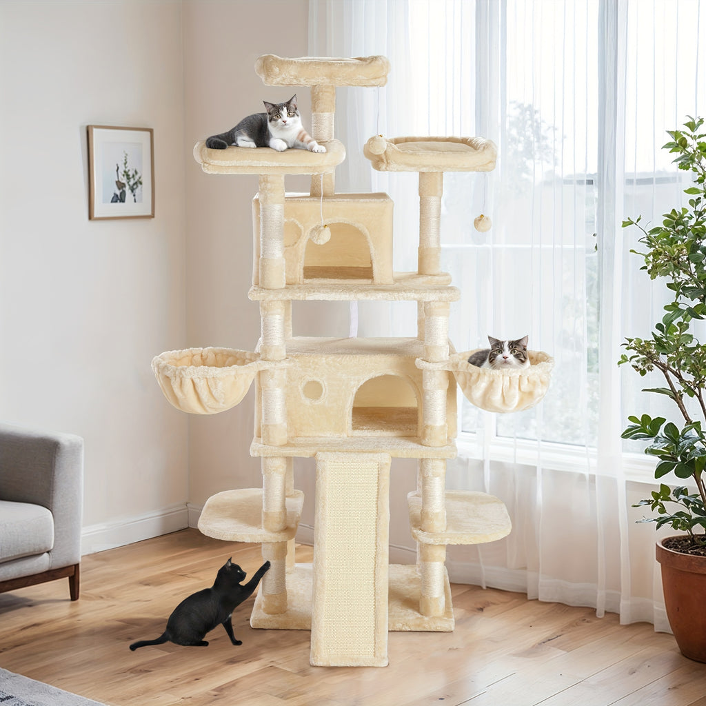 HOOMIC 68-Inch Multi-Level Cat Tree Tower for Large Cats/Cat Condo/Cozy Plush Cat Perches/Sisal Scratching Posts/Baskets/Wide Base Board/Cat Activity Center/Dark Grey/Grey/Beige/Pink/Leopard Print