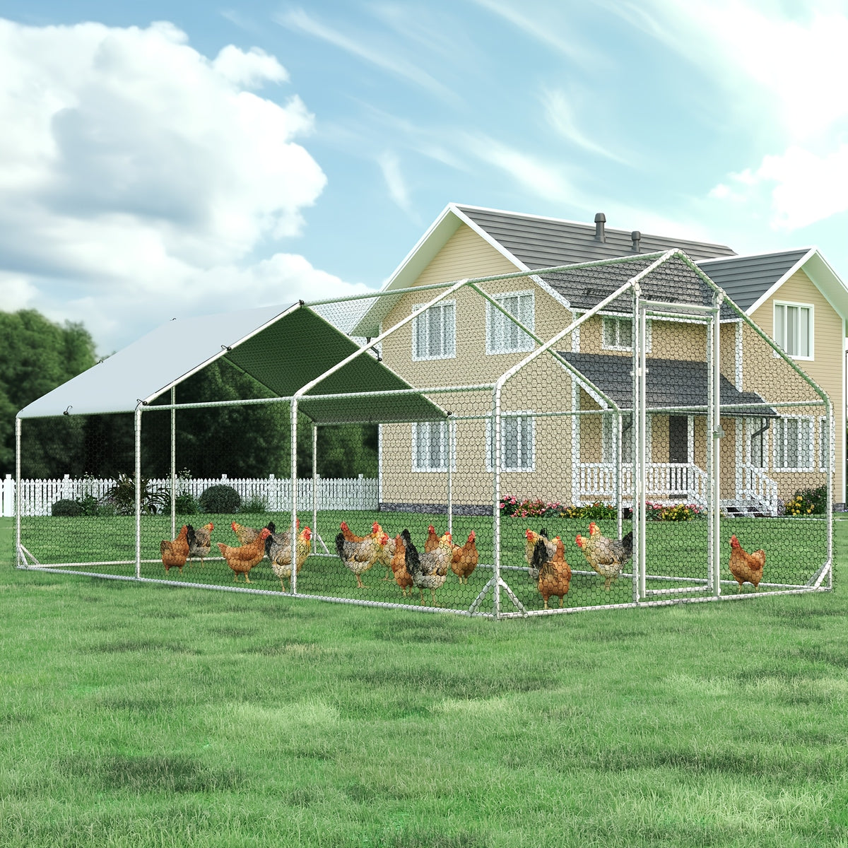 [Chicken Coop with Run] Large Chicken Coop with Run Walk-In Poultry Cage Chicken Runs House Pen Cage Dome Roofed Chicken Coops with Cover for Outdoor Backyard Farm Use, Raising Small Animals, Dome Roof