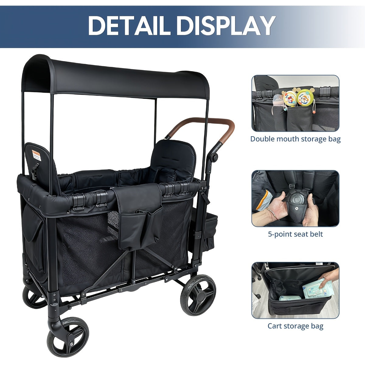 All-Terrain Stroller Wagon for 2 Kids (Available In Gray & Black) | Heavy-Duty Foldable Cart with Canopy, Snack Tray & 5-Point Harness | for Beach, Park, Family Adventures