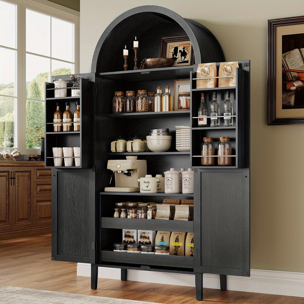 PAZCASA 71" Tall Arched Kitchen Pantry, Storage Cabinet with 2 Pull-Out Shelves, 6 Door Shelves, Organizer, Freestanding Modern Versatile Cupboard for Kitchen, Dining Room, Black/Natural