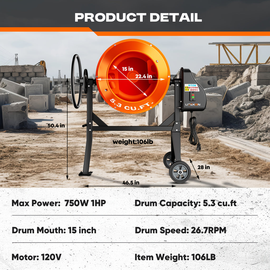 Electric Concrete Mixer with Wheels in 4.3 or 5.3 Cubic Feet for Cement and Mortar Mixing Jobs