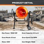 Electric Concrete Mixer with Wheels in 4.3 or 5.3 Cubic Feet for Cement and Mortar Mixing Jobs