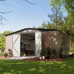 12x20/6x4ft Metal Storage Shed - Outdoor Garden Shed Kit, Lockable Tool Shed, Backyard Shed with Double Hinged Doors, Carport for Car, Truck, Bike And Lawn Mower & Equipment, Brown