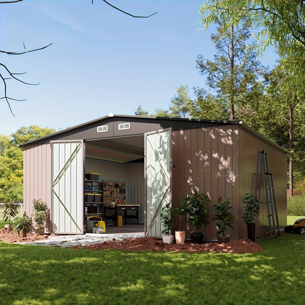 12x20/6x4ft Metal Storage Shed - Outdoor Garden Shed Kit, Lockable Tool Shed, Backyard Shed with Double Hinged Doors, Carport for Car, Truck, Bike And Lawn Mower & Equipment, Brown