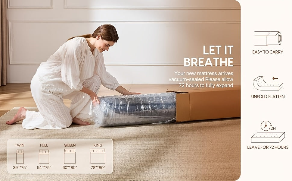 12-inch Full-filled Mattress, Queen Or King Size - Full-size Mattress with Memory Foam And Independent Springs, Medium-firmness, Suitable for Heavy Sleepers - Durable Mattress, Comfortable Bedroom Style, Ergonomically Designed.