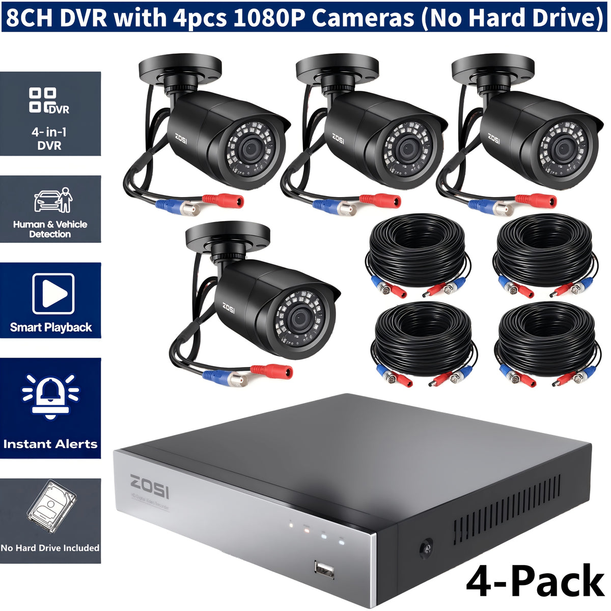 4pcs 8CH 5MP Lite H.265+ Wired Security Camera System - AI Human Vehicle Detection, 4 X 1080P Surveillance Cameras with 60ft BNC Cables, Email Alert with Snapshots (No Hard Drive)