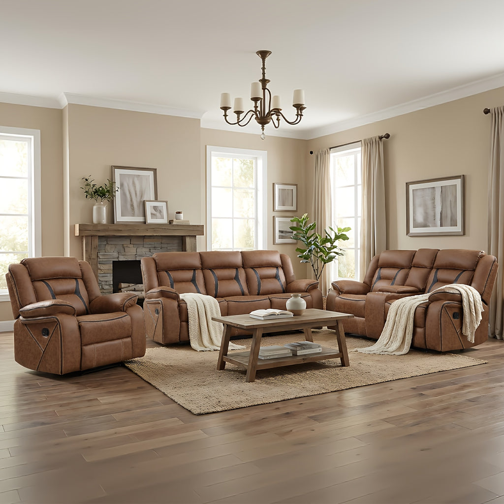 Faux Leather Manual Recliner Set: 3-Seat Sofa, Loveseat, Recliner Chair for Living Room And Meeting Room