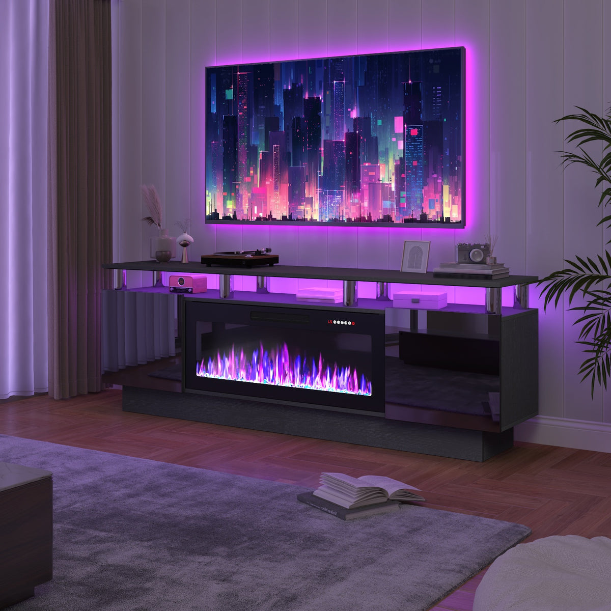 70-Inch Contemporary TV Stand Featuring a 36-Inch Electric Fireplace, Designed As an Entertainment for Televisions Up to 80 Inches, with Modern Wooden Media Storage Cabinets Suitable for The Living Room