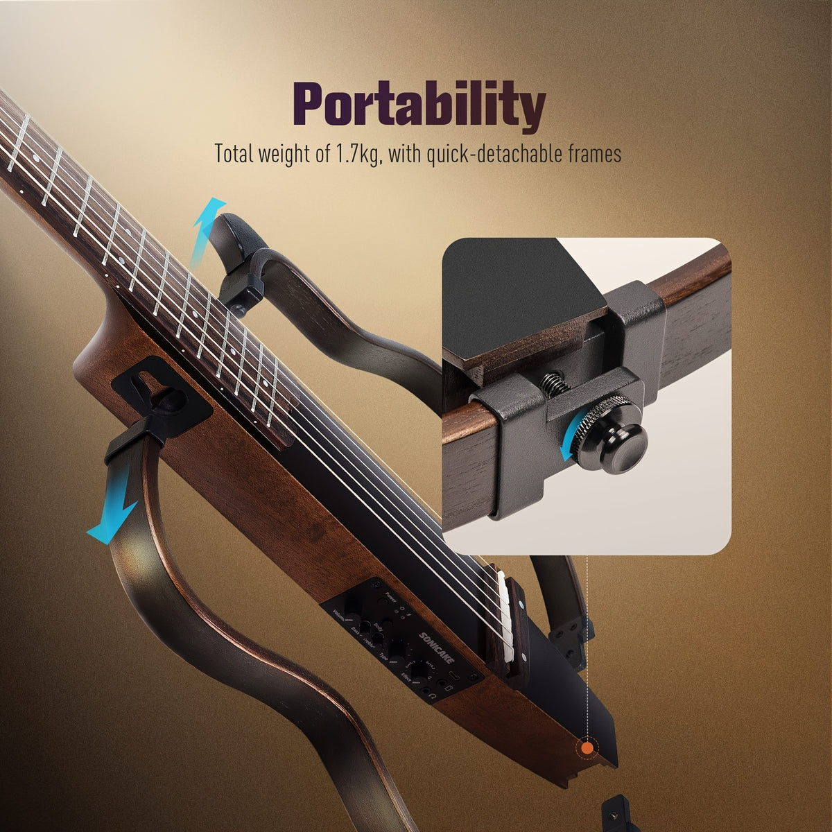 VOHALO Sonicake Travel Guitar, Portable Solid Mahogany Body Acoustic-Electric Guitar, Easy Assemble Frames, Multi Body-Shape SIM Rechargeable Pre-amp, Gig Bag, Professional Recording & Live Performance Guitar with Rosewood Fingerboard, All Accessories, El