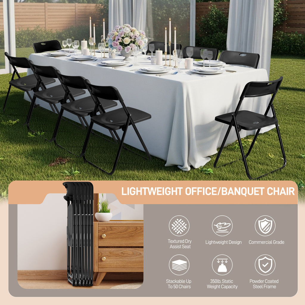 Set of 10 Durable Metal Frame Folding Chairs, Stackable Plastic Seating for Commercial Use, Ideal for Family Gatherings, Celebrations, Outdoor Meals, Educational Institutions, And Weddings. Designed for Hard Surfaces, Easy to Clean