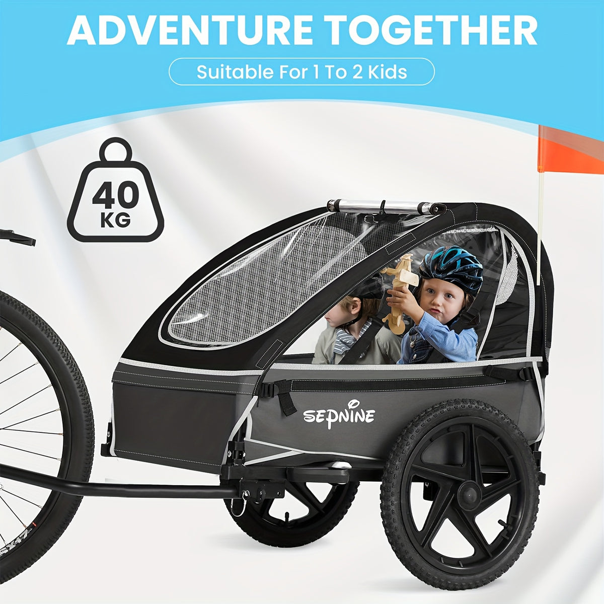 Bicycle Trailer, Double Seat Trailer, Large Tires, Foldable for 1 to 2 People, Maximum Load Capacity 88.18LB