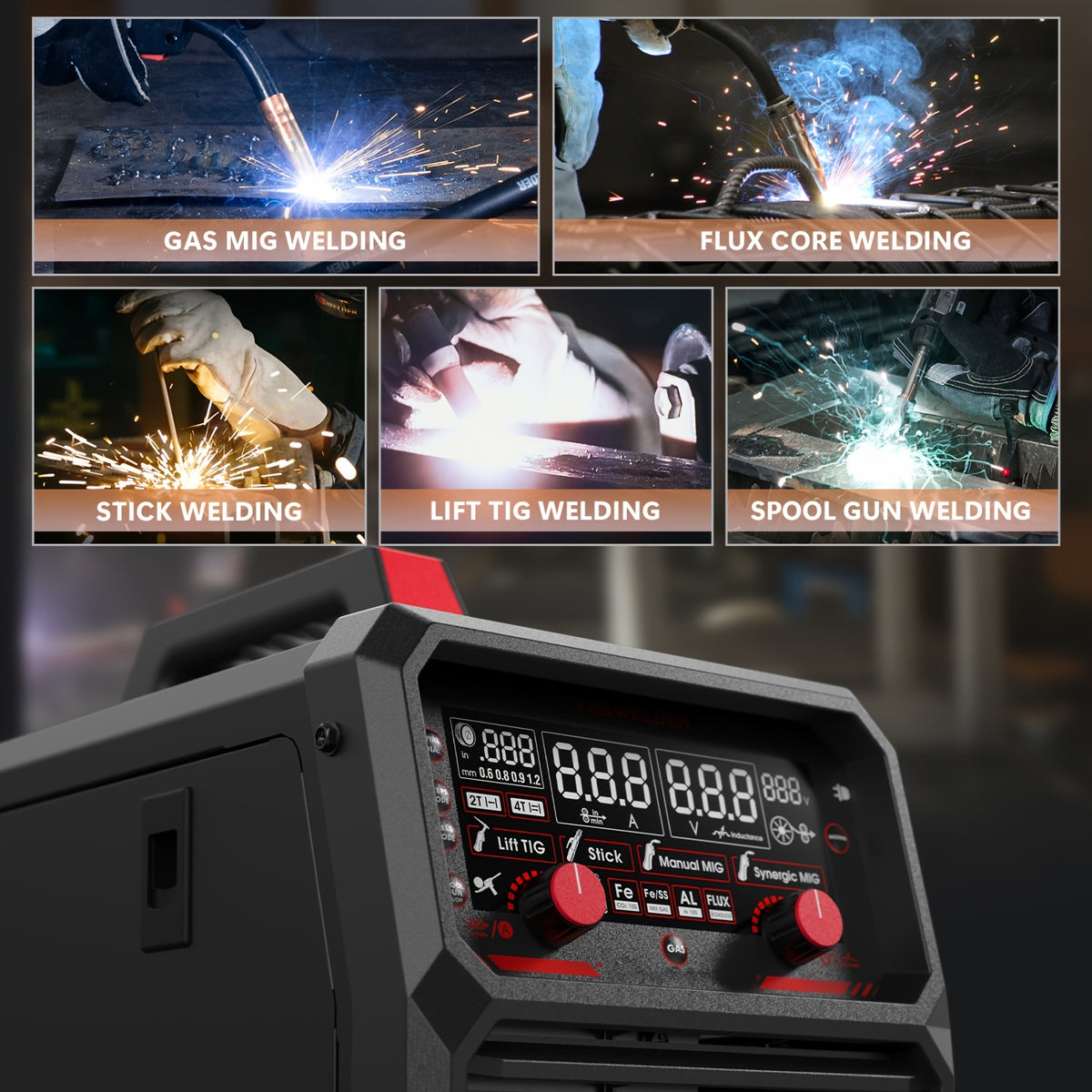 185Amp MIG Welder, 5-in-1 Flux Core/Gas/Spool Gun MIG, Lift TIG, Stick, Mig, Synergic Control, LED Display, Dual Voltage 110/220V- Tig Torch & Spool Gun Sold Separately
