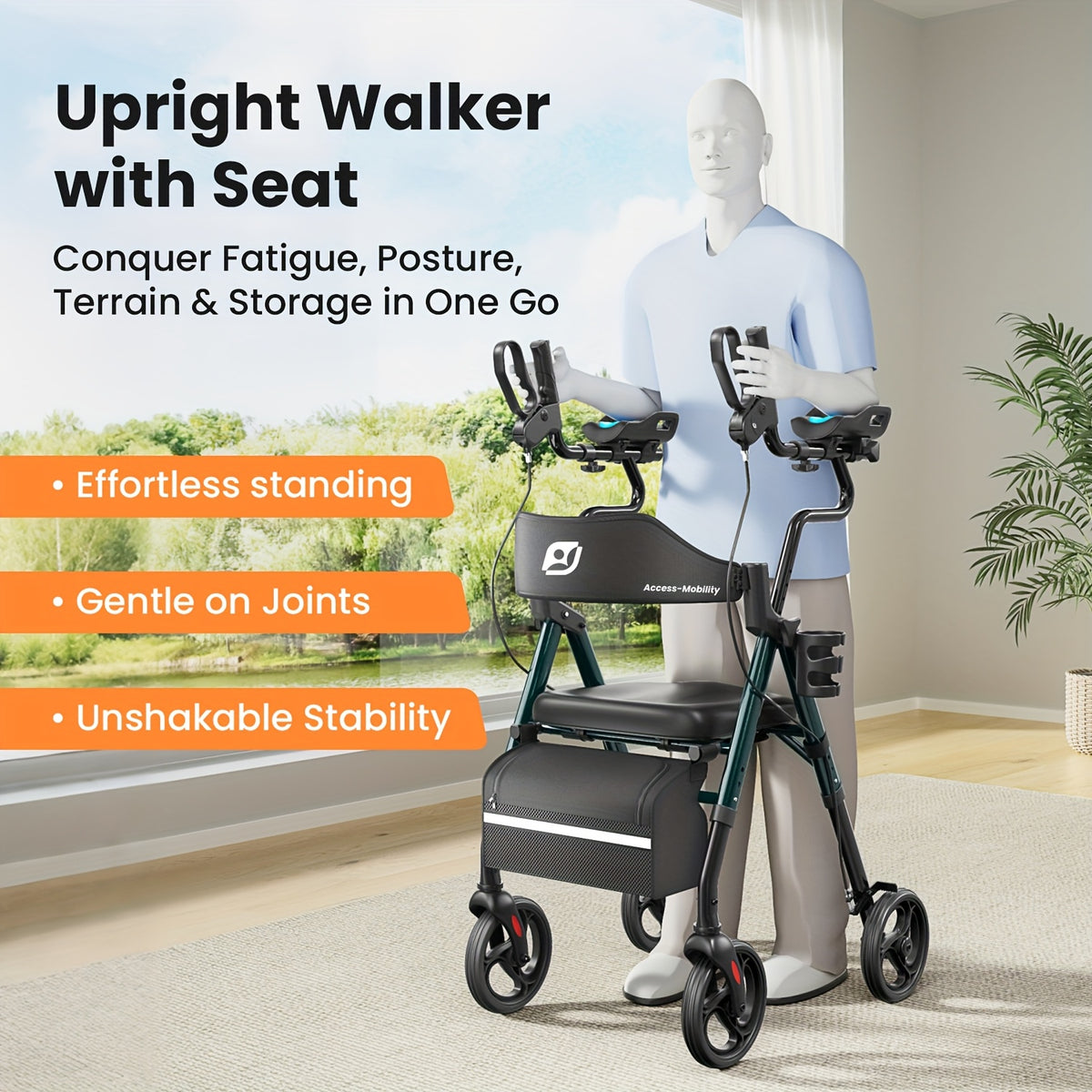 Maidesite Upright Walker, Stand Up Rollator Walker with Padded Seat And Backrest, Walkers for Seniors, Foldable Walker with Seat, Compact Folding, Fully Adjustment Frame for Seniors, 8" Big Wheels for All Terrain, Ergonomic Seat And Backrest, NEW