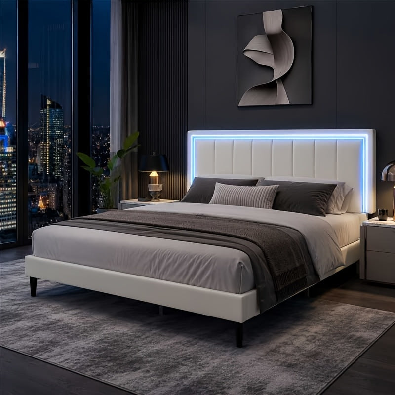 Twin Full Queen Size Bed Frame with LED Lights, Upholstered Queen Size Bed Frame with Headboard And Footboard, Heavy Duty Wood And Metal Slats Support, Noise-Free, No Box Spring Needed, Queen Bed Easy Assembly, Black, White, Pink