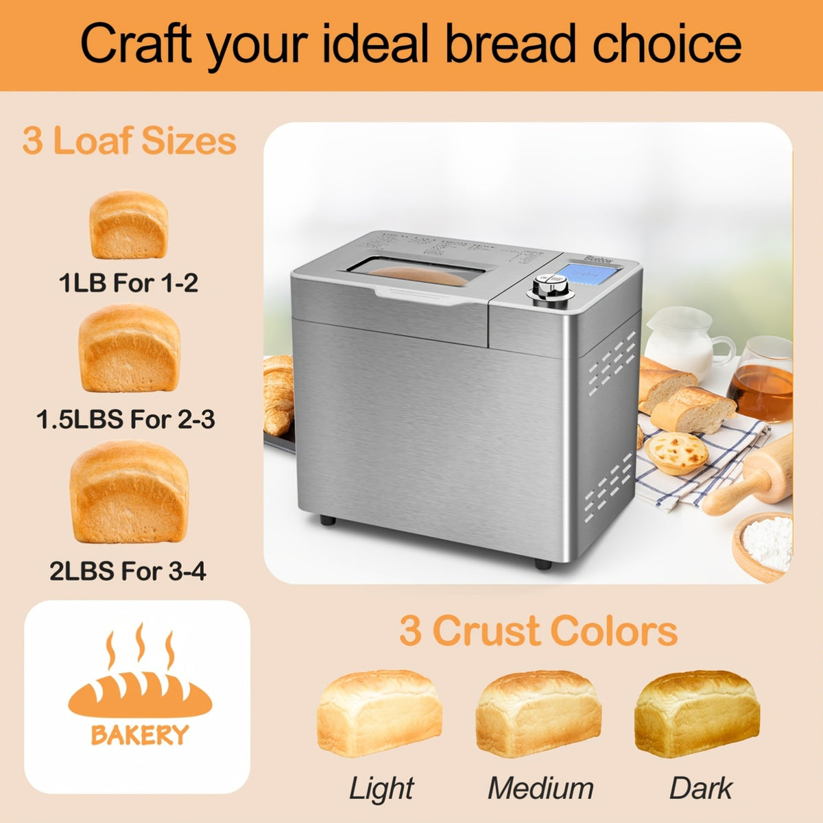 25-in-1 Bread Maker, 2LB Bread Machine With Auto Fruit/Nut Dispenser, Gluten-Free Setting, 3 Loaf Sizes& 3 Crust Colors, Keep Warm&13H Delay Timer, Digital Display, Stainless Steel