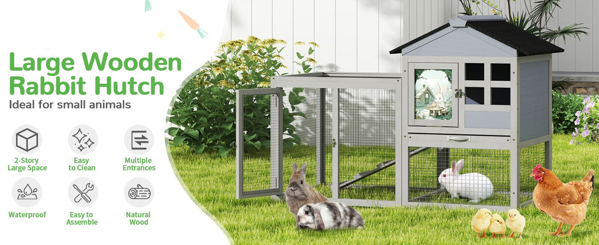 2-Tier Wood Rabbit Hutch, Indoor Outdoor Small Animal House with Removable Tray, Ramp, Openable Roof, Bunny Cage, Grey/Orange with Colorful Patterns