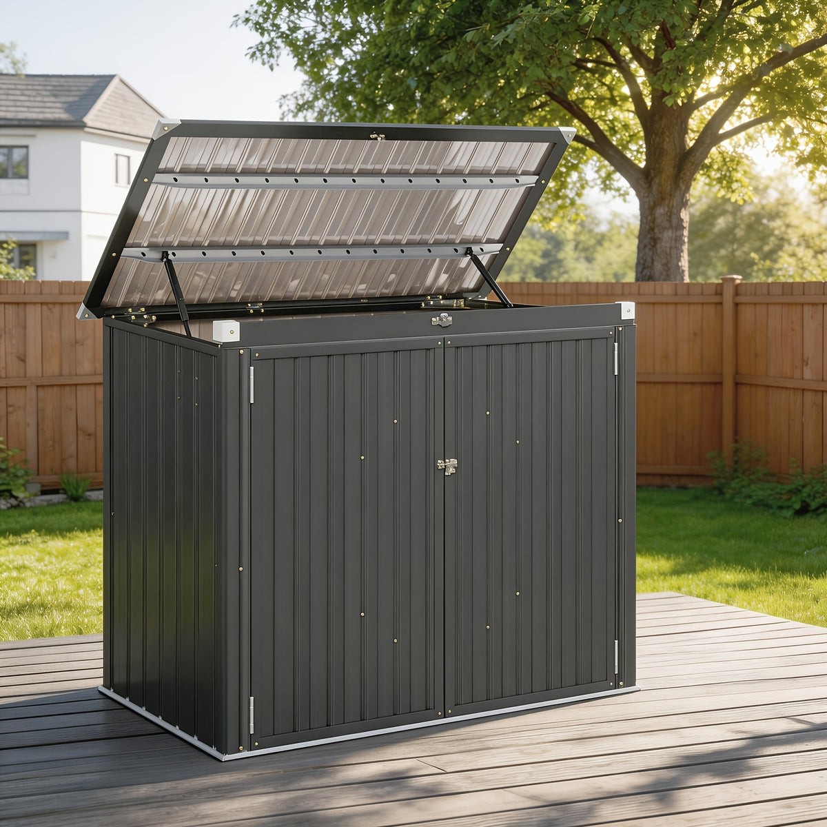 UFFIGAMA Lockable Outdoor Trash Can Storage Shed - 4.93 X 2.6ft Metal Garbage Bin Enclosure with Chain Lid, Waterproof & Weather-Resistant, Ideal for Trash Cans, Lawn Mower, And Garden Tools, Perfect for Backyard & Patio