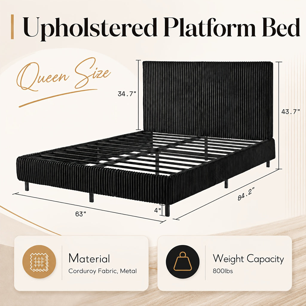 Platform Bed Frame with Upholstered Corduroy Headboard, Fully Padded 3.5" Thick Gap-Free Design, Heavy Duty Metal Slats, No Box Spring Required