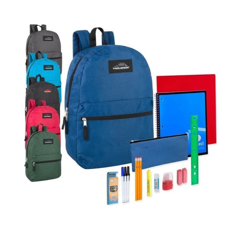 24 Pack of 17”L Classic Traditional Color Backpacks with 20 Piece Stationary Kits Containing 1 Notebook, 1 Folder, 3 Pencils, 3 Pens, 1 Pencil Sharpener, 2 Erasers & More!