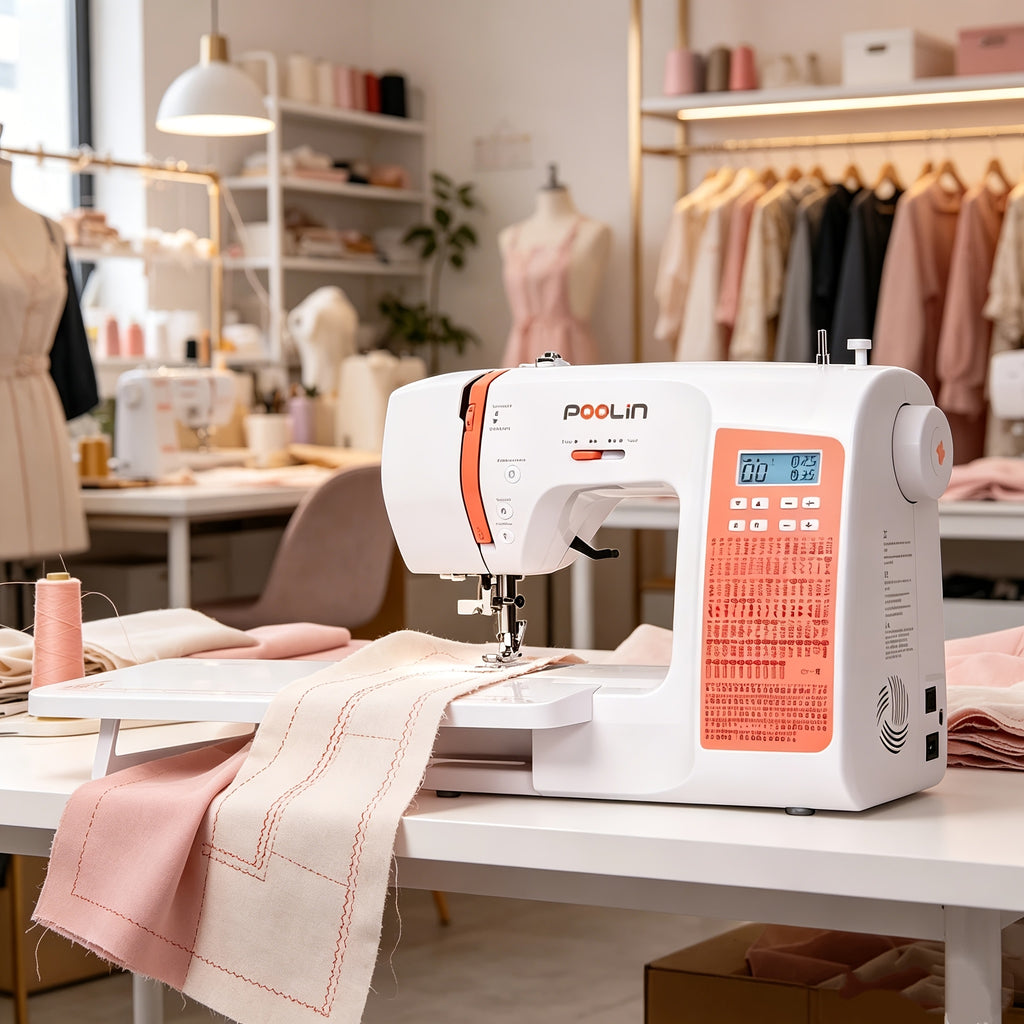 Poolin EOC02-RE Electronic Sewing Machine For Business Owner, 293 Stitches, 7 Presser Feet, Adjustable Sewing Speed, Widened Sewing Table, One-button Sewing, Come With Self Threading And Twin Needle For Wedding, Mother'S Day, Women