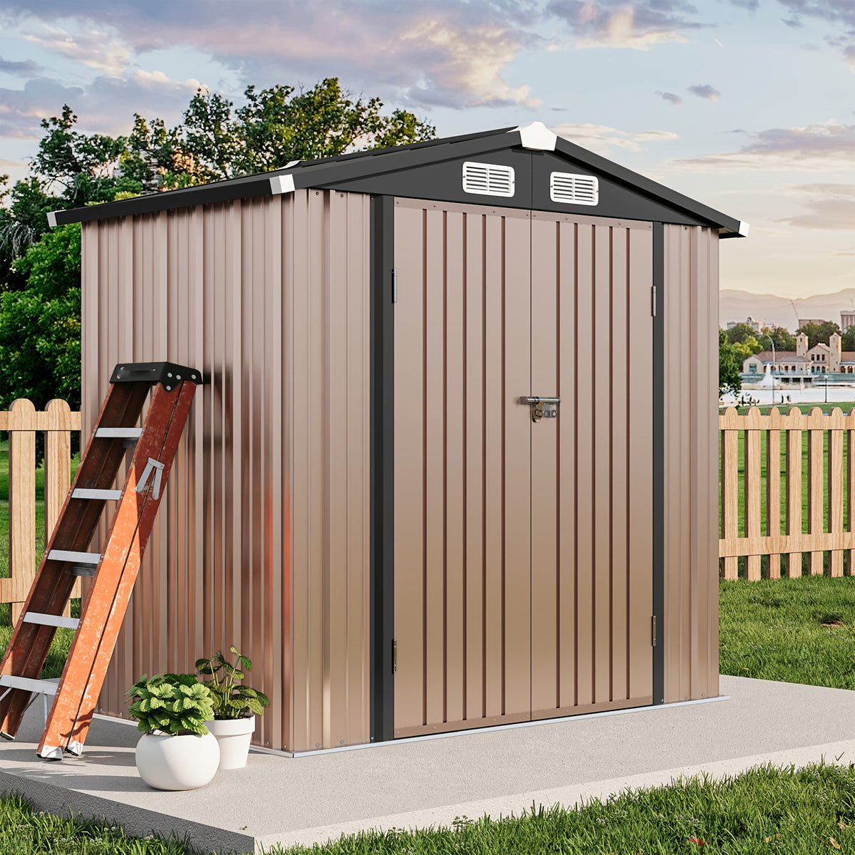 6X4/8X6/10X8/10X12Ft Gable Roof Metal Storage Shed, Heavy Duty Outdoor Garden Shed with Lockable Doors And Vents, Weather-Resistant Utility Shed for Backyard Tools, Brown/Black